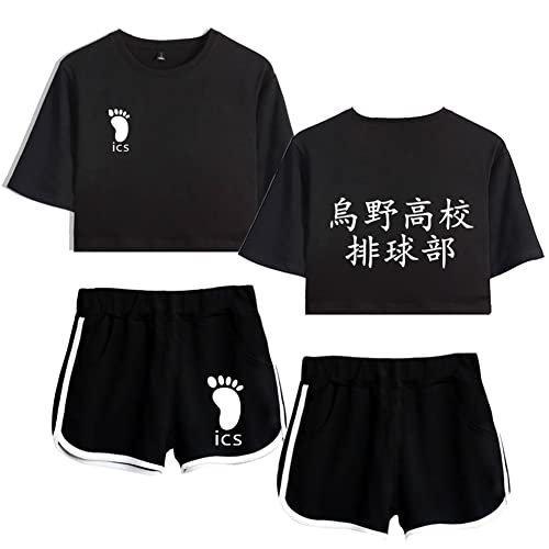 LKY STAR Damen Anime Sets Haikyuu Merch T-Shirt und Shorts 2 Stück Karasuno Crop Top & Shorts Cosplay Modisch Sport-Sets Hinata Shoyo von LKY STAR