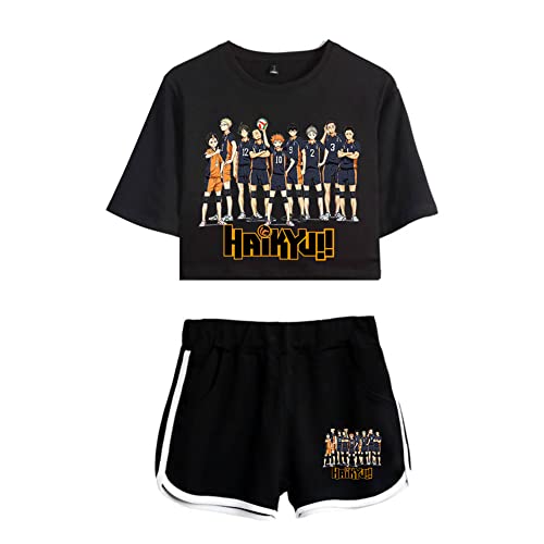 LKY STAR Damen Anime Sets Haikyuu Merch T-Shirt und Shorts 2 Stück Karasuno Crop Top & Shorts Cosplay Modisch Sport-Sets Hinata Shoyo von LKY STAR