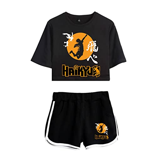 LKY STAR Damen Anime Sets Haikyuu Merch T-Shirt und Shorts 2 Stück Karasuno Crop Top & Shorts Cosplay Modisch Sport-Sets Hinata Shoyo von LKY STAR