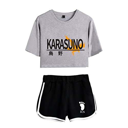 LKY STAR Damen Anime Sets Haikyuu Merch T-Shirt und Shorts 2 Stück Karasuno Crop Top & Shorts Cosplay Modisch Sport-Sets Hinata Shoyo von LKY STAR