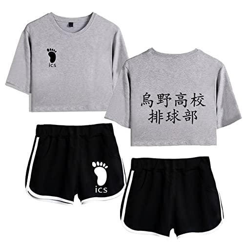 LKY STAR Damen Anime Sets Haikyuu Merch T-Shirt und Shorts 2 Stück Karasuno Crop Top & Shorts Cosplay Modisch Sport-Sets Hinata Shoyo von LKY STAR