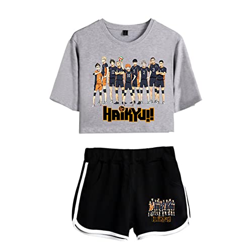 LKY STAR Damen Anime Sets Haikyuu Merch T-Shirt und Shorts 2 Stück Karasuno Crop Top & Shorts Cosplay Modisch Sport-Sets Hinata Shoyo von LKY STAR