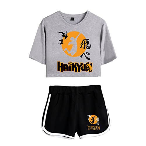 LKY STAR Damen Anime Sets Haikyuu Merch T-Shirt und Shorts 2 Stück Karasuno Crop Top & Shorts Cosplay Modisch Sport-Sets Hinata Shoyo von LKY STAR