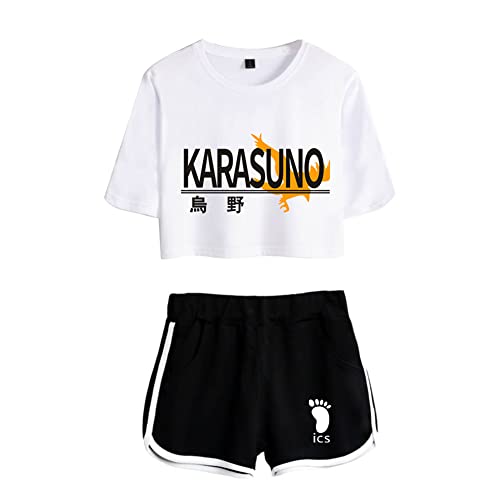 LKY STAR Damen Anime Sets Haikyuu Merch T-Shirt und Shorts 2 Stück Karasuno Crop Top & Shorts Cosplay Modisch Sport-Sets Hinata Shoyo von LKY STAR