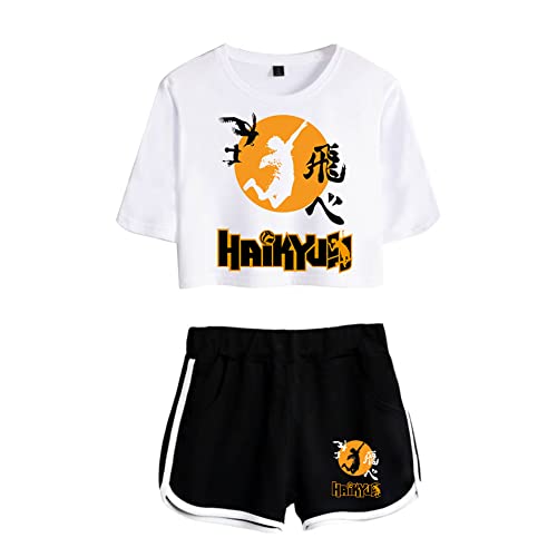 LKY STAR Damen Anime Sets Haikyuu Merch T-Shirt und Shorts 2 Stück Karasuno Crop Top & Shorts Cosplay Modisch Sport-Sets Hinata Shoyo von LKY STAR