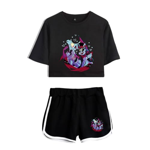 LKY STAR Damen Mädchen T-Shirts und Kurze Hose Set Hazbin Hotel Merch Charlie Morningstar Vaggie Casual Crop Top und Shorts Summer Streetwear 2pcs von LKY STAR