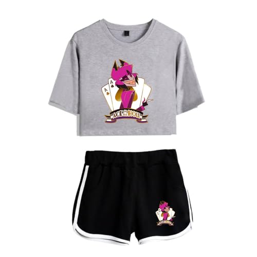 LKY STAR Damen Mädchen T-Shirts und Kurze Hose Set Hazbin Hotel Merch Charlie Morningstar Vaggie Casual Crop Top und Shorts Summer Streetwear 2pcs von LKY STAR