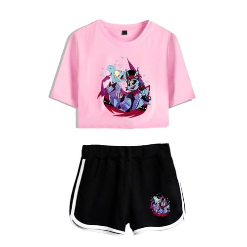 LKY STAR Damen Mädchen T-Shirts und Kurze Hose Set Hazbin Hotel Merch Charlie Morningstar Vaggie Casual Crop Top und Shorts Summer Streetwear 2pcs von LKY STAR