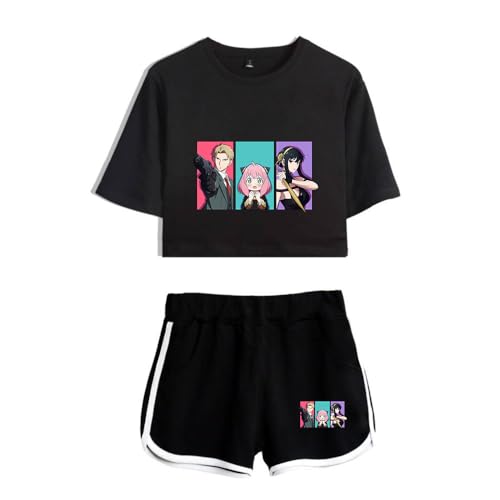 Damen Mädchen T-Shirts und Kurze Hose Set Spy Family Merch Anya Loid Yor Forger Casual Crop Top und Shorts Summer Streetwear 2pcs von LKY STAR