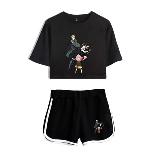 Damen Mädchen T-Shirts und Kurze Hose Set Spy Family Merch Anya Loid Yor Forger Casual Crop Top und Shorts Summer Streetwear 2pcs von LKY STAR