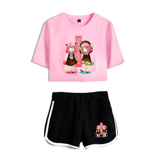 LKY STAR Damen Mädchen T-Shirts und Kurze Hose Set Spy Family Merch Anya Loid Yor Forger Casual Crop Top und Shorts Summer Streetwear 2pcs von LKY STAR