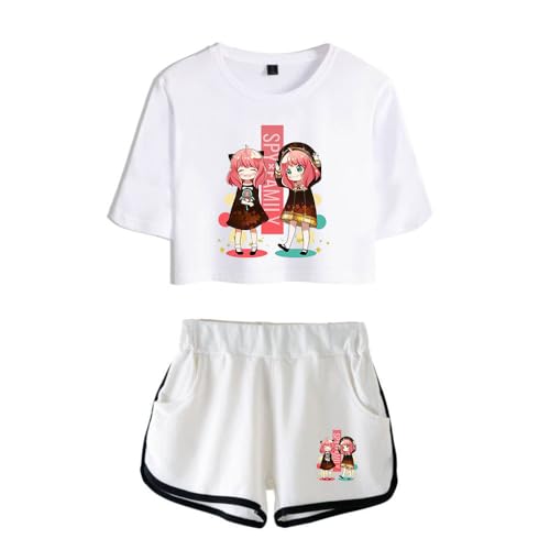 LKY STAR Damen Mädchen T-Shirts und Kurze Hose Set Spy Family Merch Anya Loid Yor Forger Casual Crop Top und Shorts Summer Streetwear 2pcs von LKY STAR