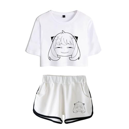 LKY STAR Damen Mädchen T-Shirts und Kurze Hose Set Spy Family Merch Anya Loid Yor Forger Casual Crop Top und Shorts Summer Streetwear 2pcs von LKY STAR