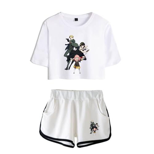 LKY STAR Damen Mädchen T-Shirts und Kurze Hose Set Spy Family Merch Anya Loid Yor Forger Casual Crop Top und Shorts Summer Streetwear 2pcs von LKY STAR