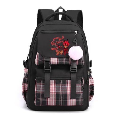LKY STAR Teenager Hazbin Hotel Rucksack Damen Mädchen für Reisen Schule Daypacks mit Haarballen Anhänger Checkered Colorblocking Schulranzen Daypacks von LKY STAR