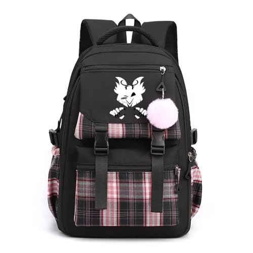 LKY STAR Teenager Hazbin Hotel Rucksack Damen Mädchen für Reisen Schule Daypacks mit Haarballen Anhänger Checkered Colorblocking Schulranzen Daypacks von LKY STAR