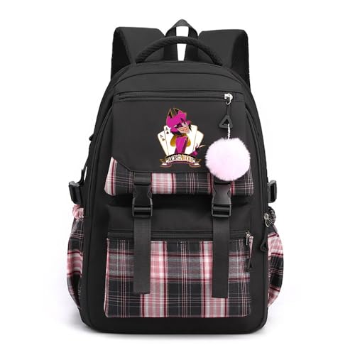 LKY STAR Teenager Hazbin Hotel Rucksack Damen Mädchen für Reisen Schule Daypacks mit Haarballen Anhänger Checkered Colorblocking Schulranzen Daypacks von LKY STAR