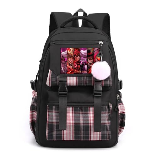LKY STAR Teenager Hazbin Hotel Rucksack Damen Mädchen für Reisen Schule Daypacks mit Haarballen Anhänger Checkered Colorblocking Schulranzen Daypacks von LKY STAR