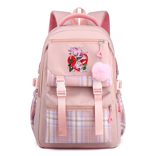 LKY STAR Teenager Hazbin Hotel Rucksack Damen Mädchen für Reisen Schule Daypacks mit Haarballen Anhänger Checkered Colorblocking Schulranzen Daypacks von LKY STAR