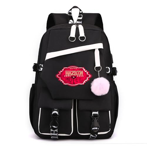 LKY STAR Unisex Tagesrucksäcke Hazbin Hotel Schulrucksack mit Haarballen Anhänger Anime Angel Dust/Alastor Schulranzen Damen Wasserdicht Rucksack LKY STAR Unisex Tagesrucksäcke Hazbin Hotel Schulrucksack mit Haarballen Anhänger Anime Angel Dust/Alastor Schulranzen Damen Wasserdicht Rucksack von LKY STAR
