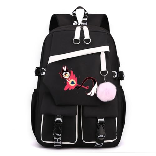 LKY STAR Unisex Tagesrucksäcke Hazbin Hotel Schulrucksack mit Haarballen Anhänger Anime Angel Dust/Alastor Schulranzen Damen Wasserdicht Rucksack von LKY STAR