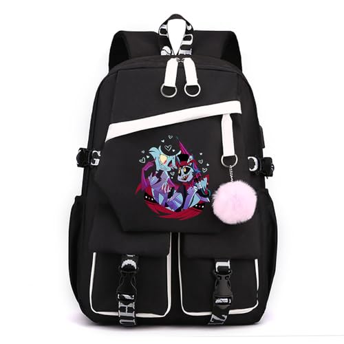 LKY STAR Unisex Tagesrucksäcke Hazbin Hotel Schulrucksack mit Haarballen Anhänger Anime Angel Dust/Alastor Schulranzen Damen Wasserdicht Rucksack LKY STAR Unisex Tagesrucksäcke Hazbin Hotel Schulrucksack mit Haarballen Anhänger Anime Angel Dust/Alastor Schulranzen Damen Wasserdicht Rucksack von LKY STAR