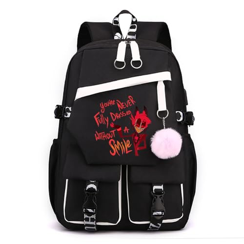LKY STAR Unisex Tagesrucksäcke Hazbin Hotel Schulrucksack mit Haarballen Anhänger Anime Angel Dust/Alastor Schulranzen Damen Wasserdicht Rucksack LKY STAR Unisex Tagesrucksäcke Hazbin Hotel Schulrucksack mit Haarballen Anhänger Anime Angel Dust/Alastor Schulranzen Damen Wasserdicht Rucksack von LKY STAR
