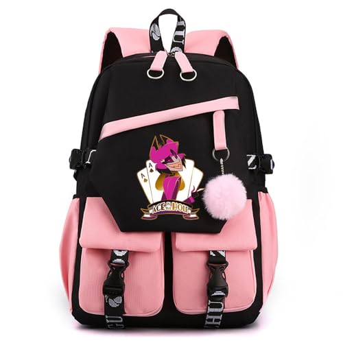 LKY STAR Unisex Tagesrucksäcke Hazbin Hotel Schulrucksack mit Haarballen Anhänger Anime Angel Dust/Alastor Schulranzen Damen Wasserdicht Rucksack von LKY STAR