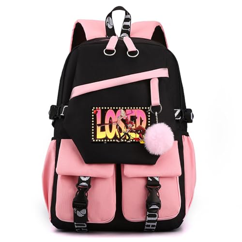 LKY STAR Unisex Tagesrucksäcke Hazbin Hotel Schulrucksack mit Haarballen Anhänger Anime Angel Dust/Alastor Schulranzen Damen Wasserdicht Rucksack von LKY STAR