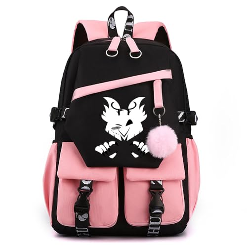 LKY STAR Unisex Tagesrucksäcke Hazbin Hotel Schulrucksack mit Haarballen Anhänger Anime Angel Dust/Alastor Schulranzen Damen Wasserdicht Rucksack von LKY STAR