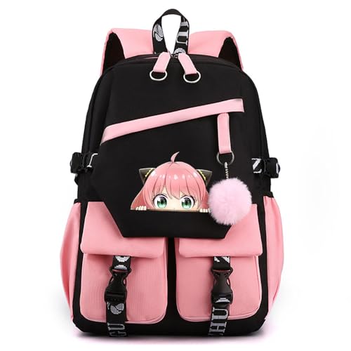 Unisex Tagesrucksäcke Spy x Family Schulrucksack mit Haarballen Anhänger Anime Anya Loid Yor Forger Schulranzen Damen Wasserdicht Rucksack von LKY STAR
