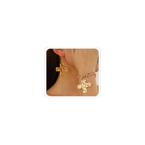 LKingel Kreuz-Ohrringe, Armbänder für Frauen, Gold und Silber, Kreuz-Armband, Ohrring-Set, klobiges Kreuz-Armband, Ohrringe, Punk, Gothic-Schmuck, Kreuz-Anhänger, Ohrringe, Large, Legierter Stahl von LKingel