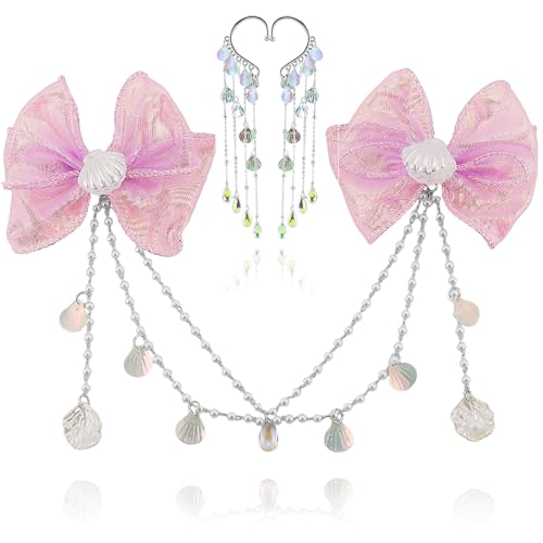 LKingel Meerjungfrauen Schleife Elfe Ohrclip Ohrringe Stirnkette für Frauen Meerjungfrauen Perle Muschel Stirnkette Ohrclip Ohrringe Set Meerjungfrauen Quaste Stirnkette Nicht durchstochen Ohrclip von LKingel