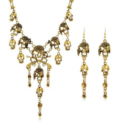 LKingel Punk-Totenkopf-Halsketten-Set für Damen, Halloween, Totenkopf-Quaste, Halskette, Ohrringe, grobe Piraten-Halsketten, Piratenkostüm-Schmuck für Damen, Zink, kein Edelstein von LKingel