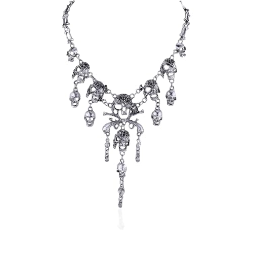 LKingel Punk-Totenkopf-Halsketten-Set für Damen, Halloween, Totenkopf-Quaste, Halskette, Ohrringe, grobe Piraten-Halsketten, Piratenkostüm-Schmuck für Frauen, Zink, Kein Edelstein von LKingel
