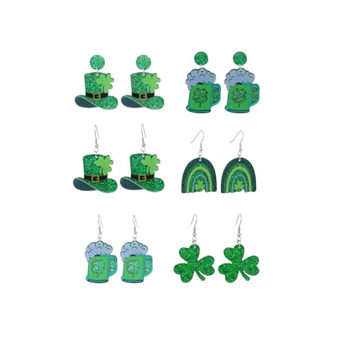 St. Patrick's Day Ohrringe, Viel Glück, grüne Kleeblatt-Ohrringe für Damen, Irische Festival-Ohrringe (6 Pairs-B,One Size) von LLBFZ