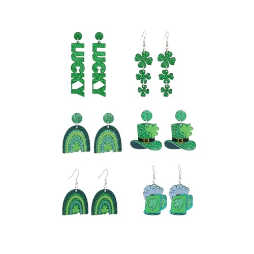 St. Patrick's Day Ohrringe, Viel Glück, grüne Kleeblatt-Ohrringe für Damen, Irische Festival-Ohrringe (6 Pairs-E,One Size) von LLBFZ