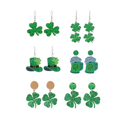 St. Patrick's Day Ohrringe, Viel Glück, grüne Kleeblatt-Ohrringe für Damen, Irische Festival-Ohrringe (6 Pairs-F,One Size) von LLBFZ