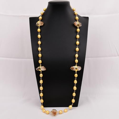 LLBOGRGGN 36'' Golden Rice Pearl Gold Plated Yellow Citrine Point Gems Rough Raw sweater chain Long Necklace For Women LLBOGRGGN 36'' Golden Rice Pearl Gold Plated Yellow Citrine Point Gems Rough Raw sweater chain Long Necklace For Women von LLBOGRGGN