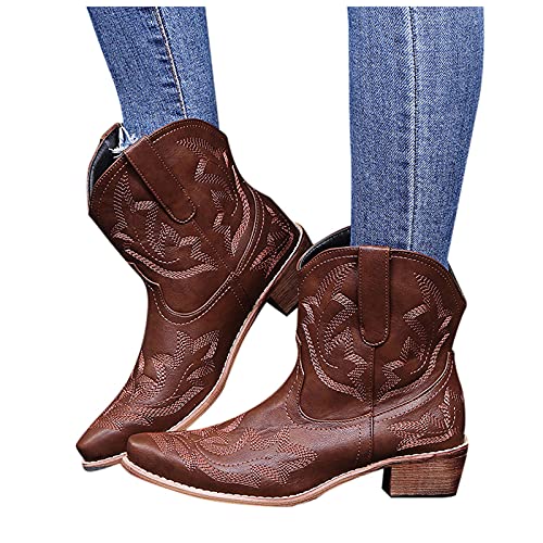 LLDG Cowboy stiefeletten damen Retro Stickerei Biker Boots Kurzschaft westernstiefel Vintage Combat Stiefel Herbst Winter Kurzstiefel Spitze Chelsea Boots rutschfest Schlupfstiefel von LLDG