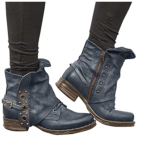 LLDG Damen Biker Boots Combat Stiefel Vintage Chelsea Boots Retro Kurzschaft Westernstiefel Freizeit Cowboy Stiefel mit Blockabsatz Grau 41 EU Wasserdicht von LLDG