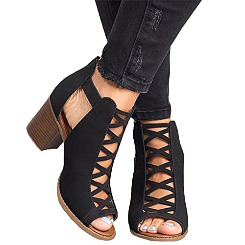 LLDG Damen Damen Römersandalen mit Blockabsatz Mode Wedge Peep Toe Schnalle Sandaletten Retro Römische Fischmaul Sandaletten Elegant Stiefeletten Aushöhlen Sommer Offene Schuhe Absatzschuhe von LLDG