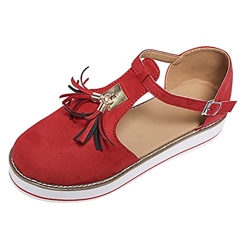 LLDG Damen Flache Sandalen Mode lässige Fransen Sommer Plateau Geschlossene Sandaletten mit Schnalle Elegant Pumps Low-Top Atmungsaktiv Freizeitschuhe rutschfest Slip On Einzelschuhe, Rot, 37 EU von LLDG