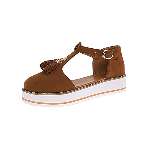 LLDG Damen Flache Sandalen Mode lässige Fransen Sommer Plateau Geschlossene Sandaletten mit Schnalle Pumps Low-Top Atmungsaktiv Freizeitschuhe rutschfest Slip On Sommer Einzelschuhe, Braun, 38EU von LLDG