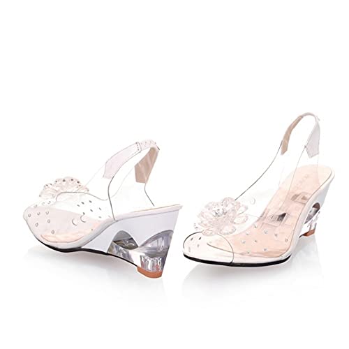 LLDG Damen Keilabsatz Sandalen Pumps Strass Blume Wedge Peep Toe Sandaletten Süße Mode Slingback Elegante durchsichtigem Plateau Zarte Strandsandalen Vintage rutschfest Slipper, Weiß, 37 EU von LLDG