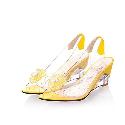 LLDG Damen Keilabsatz Sandalen Pumps Strass Blume Wedge Peep Toe Sandaletten Süße Mode Slingback Sommerschuhe Elegante durchsichtigem Plateau Sandalen Zarte Strandsandalen Vintage rutschfest Slipper von LLDG