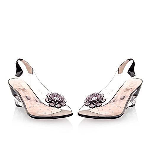 LLDG Damen Keilabsatz Sandalen Pumps Strass Blume Wedge Peep Toe Sandaletten Süße Mode Slingback Sommerschuhe Elegante durchsichtigem Plateau Sandalen Zarte Strandsandalen Vintage rutschfest Slipper von LLDG