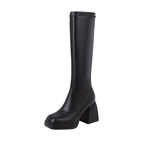 LLDG Damen Kniehohe Stiefe mit Blockabsatz mode Lackstiefel rutschfest Plateau Overknee Stiefel Elegante übers Knie Stiefel Langschaft Schlupfstiefel Retro Reiterstiefel Vintage Halblange Stiefel von LLDG