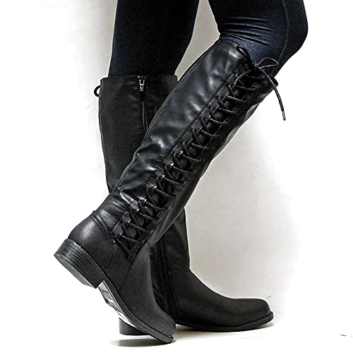 LLDG Damen Kniehohe Stiefel flache hohe Stiefel mit Absatz Overknee Stiefel Mode Schnürstiefel elegant Langschaft Stiefel Vintage Winterstiefel rutschfest übers Knie Stiefel Warm schneestiefel von LLDG