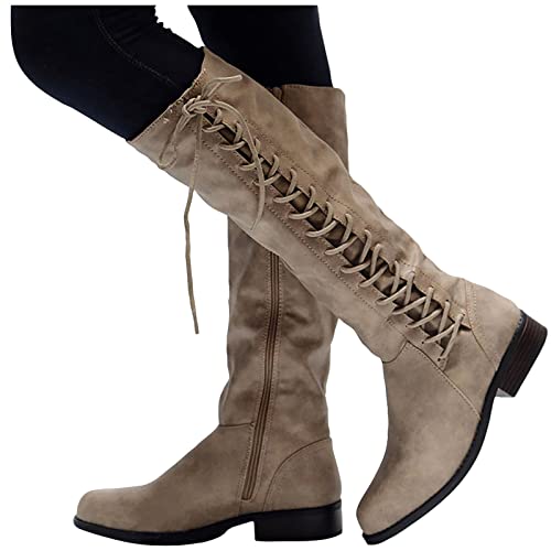 LLDG Damen Kniehohe Stiefel flache hohe Stiefel mit Absatz Overknee Stiefel Mode Schnürstiefel elegant Langschaft Stiefel Vintage Winterstiefel rutschfest übers Knie Stiefel Warm schneestiefel von LLDG